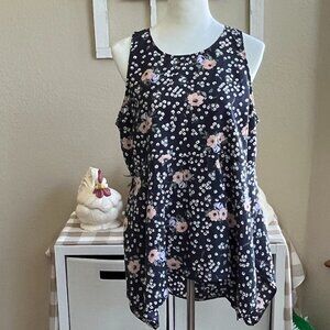 Suzanne Betro Large sleeveless top, flower pattern. Navy blue, pink, white.